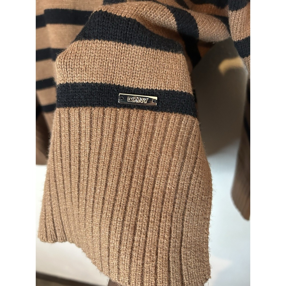 DKNY Sweater Women XL Brown Striped Quarter Zip Pullover Mock Neck Rayon Blend - Picture 3 of 9